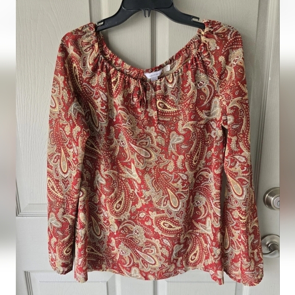 Zara Paisley Print Blouse Women Sz M Front Tie Cut Out Long Sleeve Lightweigh - Picture 2 of 9